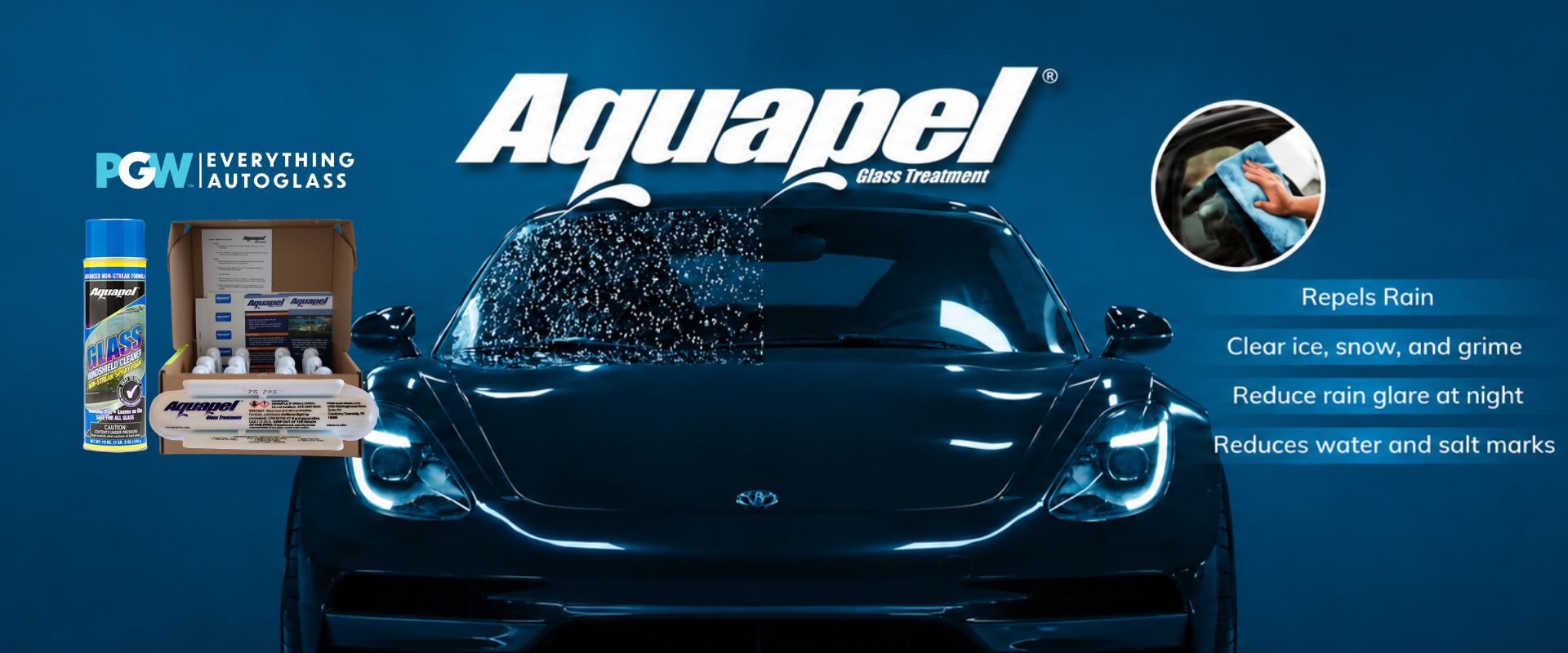 Aquapel applied on a vehicle in the center with features listing that Aquapel repels rain, clears weather elements, reduces glare and water marks.
