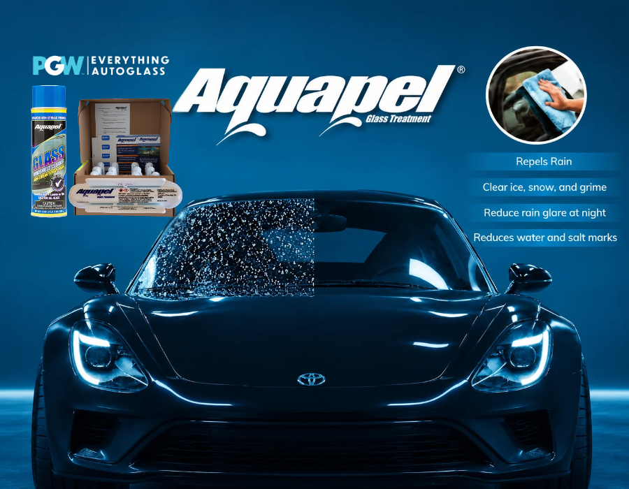 Aquapel applied on a vehicle in the center with features listing that Aquapel repels rain, clears weather elements, reduces glare and water marks.